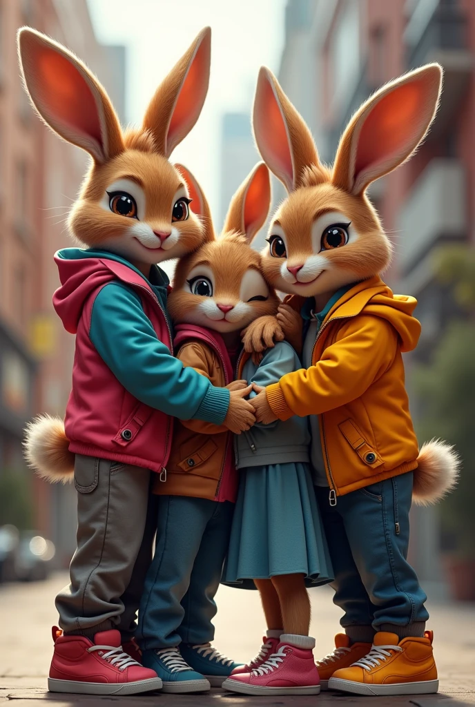 Four fashionably dressed age animals 3 males and 1 female bunny cuddled