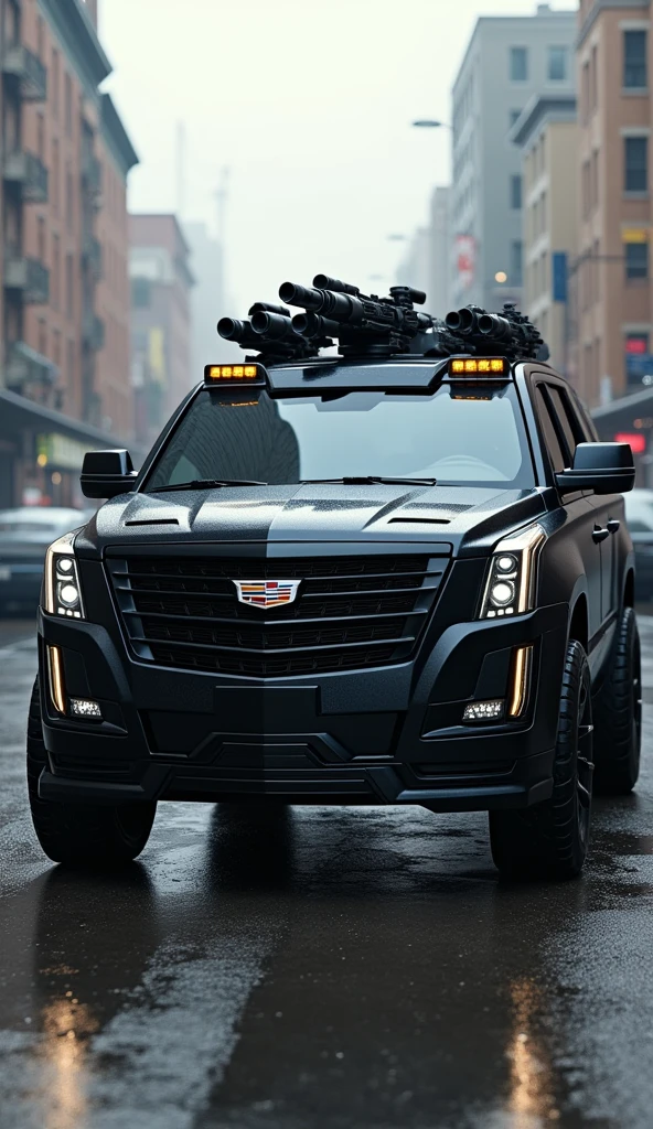 (photorealism:1.2), Create an image of a Cadillac Escalade transformed into a futuristic, armored vehicle. The Escalade should be equipped with advanced technology and weaponry, including mounted machine guns on the roof and sides, reinforced bulletproof windows, and tactical floodlights. The body should feature sleek, angular armor plating with a matte black finish. The front grille should have an integrated laser defense system, and the wheels should be oversized with all-terrain treads. Surround the vehicle with a high-tech HUD (heads-up display) interface, showcasing various weapon controls and surveillance systems. The scene should be set in a dystopian urban environment, with the Escalade ready for action."