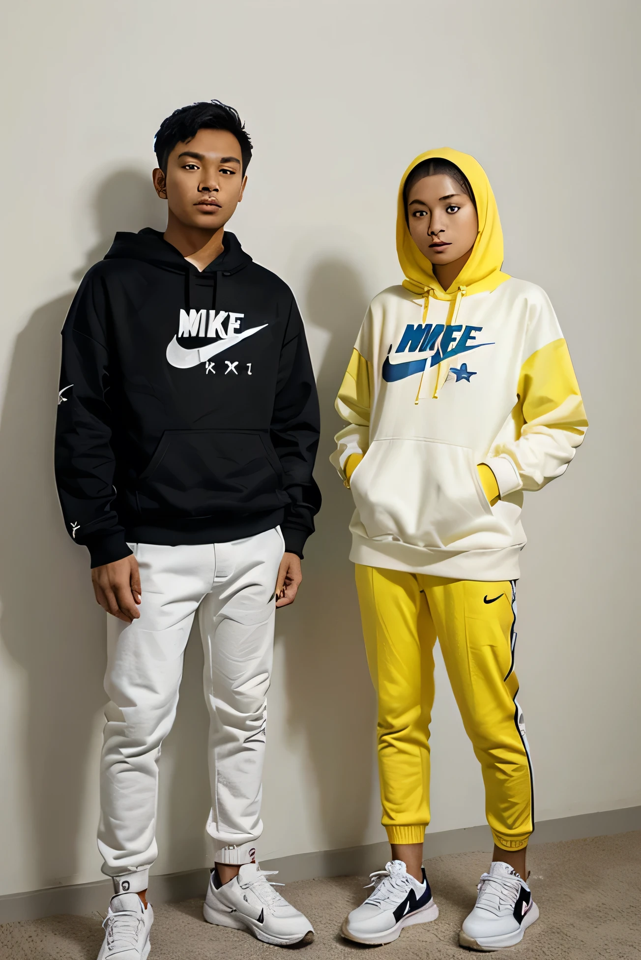 A high-quality photograph of a 20-year-old Indonesian man and a 2 Indonesian woman. The man has neat, and is dressed in a striking yellow hoodie adorned with star patterns, white jeans, and rapper-style Nike shoes. The woman, wearing a beautiful hijab, sports the same yellow hoodie with star patterns, white jeans, and Nike shoes. They stand against a wall, the man on the right and the woman on the left, in a spacious, quiet room with white walls and a black and white checkerboard floor