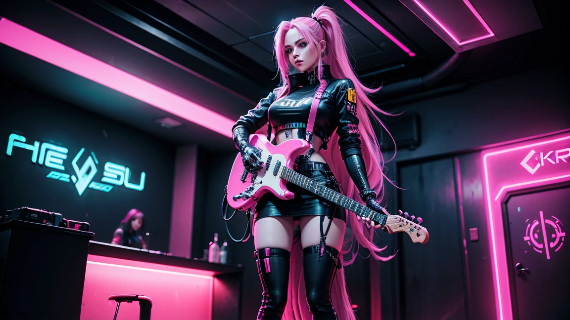 full body portrait, beautiful woman, cyberpunk style, long pink hair, playing a cyberpunk styled guitar, in a cyberpunk club, smoky atmosphere, neon lighting, dramatic, masterpiece, 4k definition, high detail, nior cyber