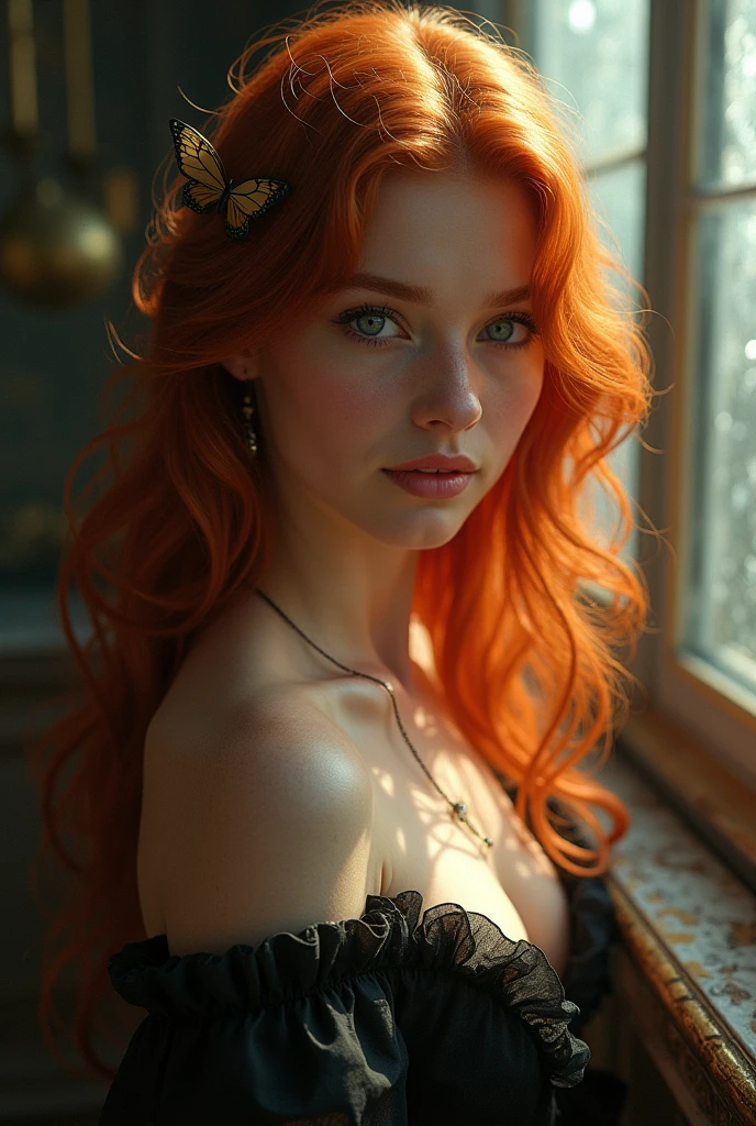 (solo, full body photo:1.3), (action packed:1.3), (haze, fog, mist:1.3), chiaroscuro, best quality, photorealistic, 1woman, (cute), (24yo:1.2), redhead, long ginger hair highly detailed, 1700'S, digital photography, art by artgerm and ruan jia and greg rutkowski surreal painting gold butterfly filigree, broken glass, (masterpiece, sidelighting, finely detailed Fashionable eyes: 1.2) (perfect oval large eyes that gazes at the viewer), beautiful detailed face, blue gorgeous perfect eyes, (blonde hair ponytail), (attractive young woman:1.3), (thick amazing hair), (seductive:1.1), (blushing:1.1)