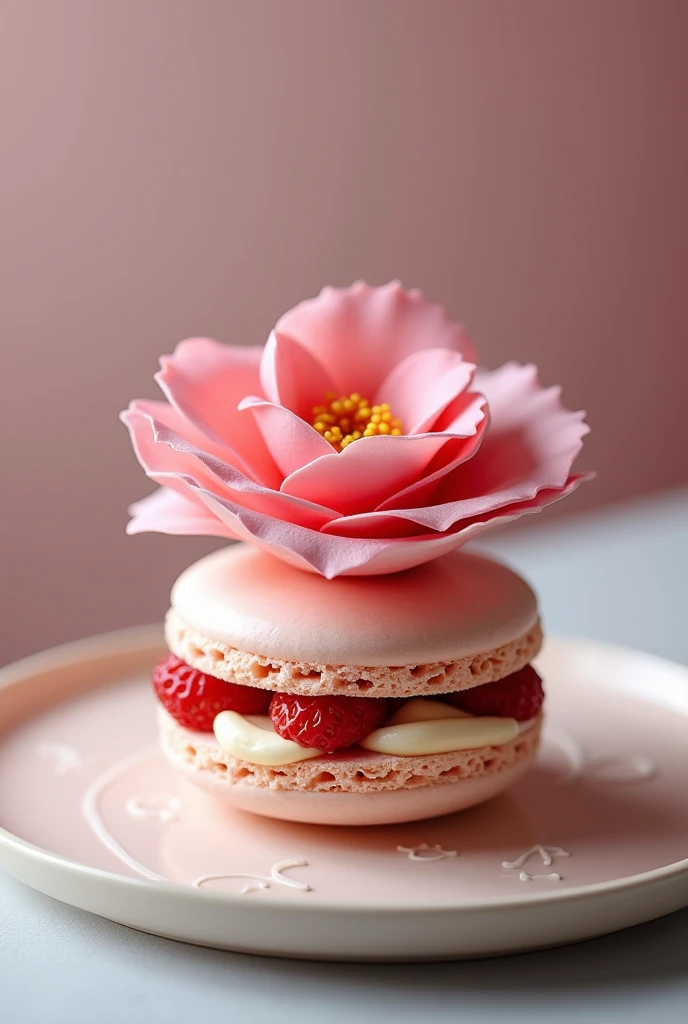 Macaron cake is 2 layers of flower shaped cake with cream and strawberry filling.