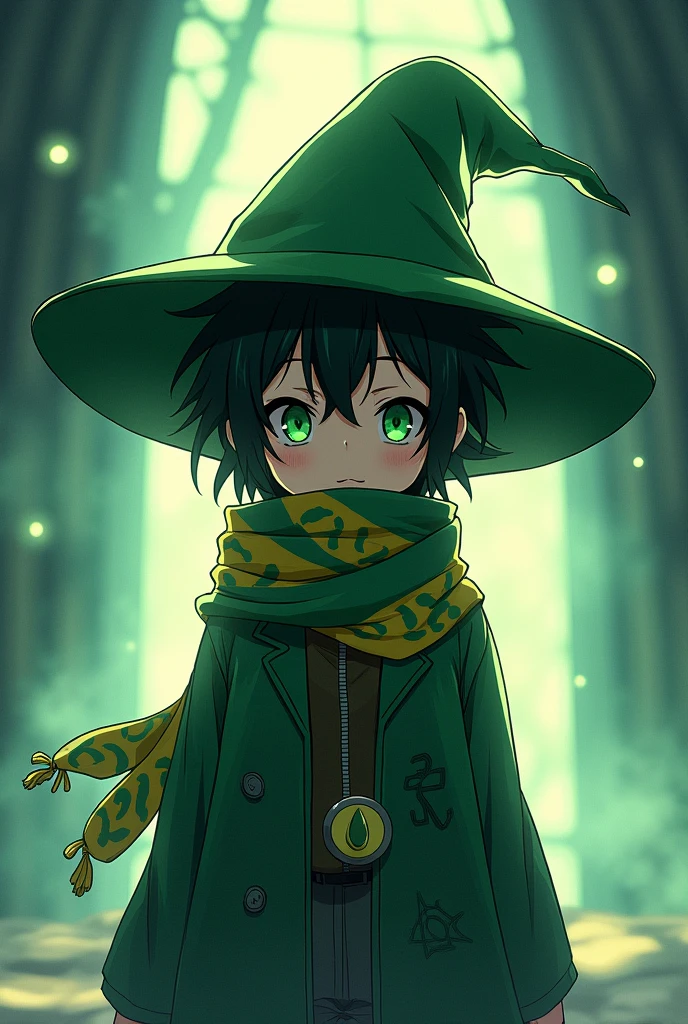 A small adult with a green wizard hat and a jujutsu kaisen art style scarf