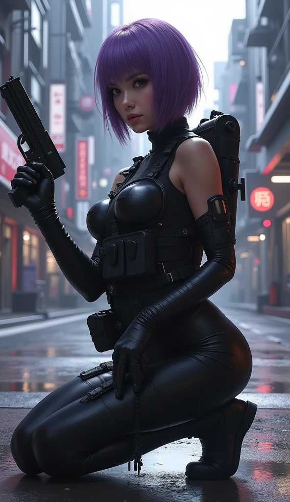 (masterpiece,Distinguished Quality,Mirror-like,Cinematic Experience,insanely detailed,absurdres),8k,wallpaper,,(Best illustrations:2.0),(One Woman:2.0),(kitana:2.0),(Ghost in the Shell-style worldview:2.0),(Black tactical bodysuit:2.0),(Heavy black bulletproof vest:2.0),(Black gloves:2.0),(Short Bob:2.0),(Beautiful Eyes),(Detailed face),(Detailed female hand drawing:2.0),(sexly:2.0),(He kneels down and aims a pistol at me.:2.0),(Raise your right knee:2.0),(The background is Tokyo, where science and technology have developed.:2.0),(The background is drawn in monochrome:2.0),(sf:2.0)、A black suit that shows off your body lines、(Cleavage 1.4), (huge breasts 1.4)、Her hair is purple,Suzu Hirose、Beautiful 2 woman