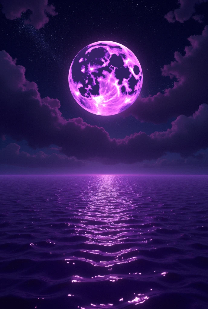 This image is、purple色の月が夜空に浮かんでいる風景を描いています。The moon is big、It&#39;s bright and shining、Stars around it々is sprinkled with。下にはpurple色の海が広がり、The moonlight reflects off the water and sparkles.。The overall scene exudes a fantastical and mysterious atmosphere.。

海の上のpurple色の月と空の星, 月明かりに照らされたpurple色の空, 宇宙purple空間!, 背景にpurpleがかった空間, purple色の輝き, 輝くpurple, ✨🕌🌙, deep dark purpleの水s, purple色の生物発光, Beautiful moonlight, purple色の空, Beautiful moonlight night, purple色の審美, purpleの水, purple, purples