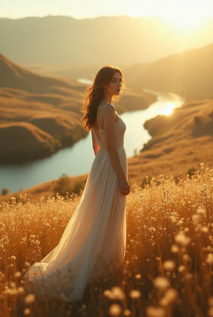 Aerial Photography，Big scene，Full length portrait of a lovely woman in a bright windy field,She stands far away，Occupies screen 1/10， river, (Backlight), Practical, masterpiece, best quality, lens flare, In the shade, bloom, [[Chromatic Aberration]], author：Jeremy Lipking, author Antonio J. Manzanedo, number, Style-GlassFinal, Natural skin texture