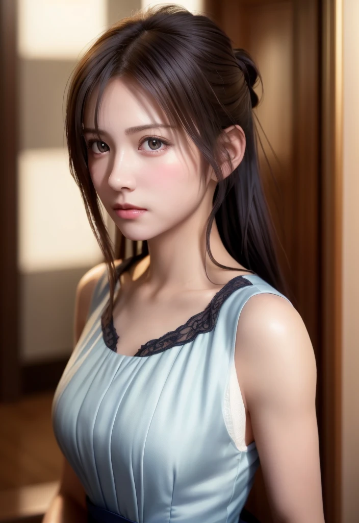 8K, of the highest quality, masutepiece:1.2), (Realistic, Photorealsitic:1.37), of the highest quality, masutepiece, Beautiful young woman, Pensive expression, Thoughtful look, Cute Maid Clothes, Hair tied back, Messy mood, Cinematic background, Tired, Light skin tone