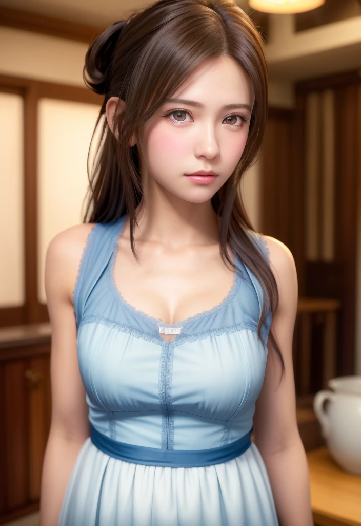 8K, of the highest quality, masutepiece:1.2), (Realistic, Photorealsitic:1.37), of the highest quality, masutepiece, Beautiful young woman, Pensive expression, Thoughtful look, Cute Maid Clothes, Hair tied back, Messy mood, Cinematic background, Tired, Light skin tone