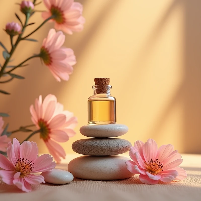 Clean overlapping stones,Essential oil bottle on stones,Geranium flowers on the edge,Warm background