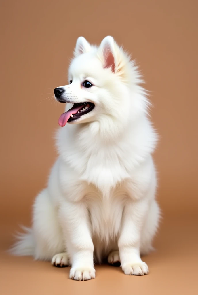 a small white german spitz, slightly puppy, sitting forward, looking slightly to the side, isolated on a brown background