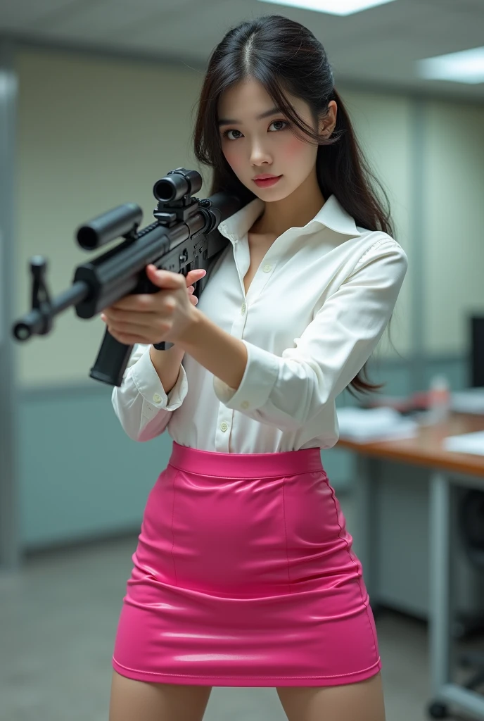 beautiful sweet office lady chinese white shirt shiny pink mini skirt standing legs spread hip shoulder firing rifle gun toting force grip aiming side target