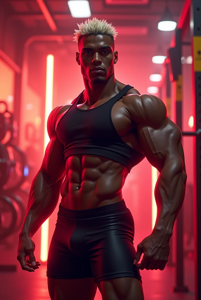 Red-orange Instagram art of a black fitness trainer with bleached hair and workout gear in the background