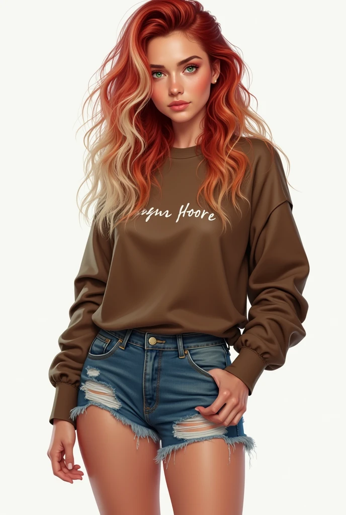 Digital drawing of a 20 year old woman with long wavy red and white hair, green eyes and a ruddy face, dressed in a brown sweater with small white letters, ripped denim shorts and white sneakers.