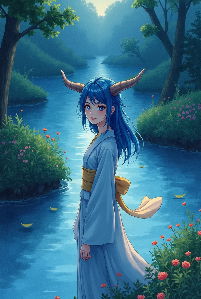 software, Watercolor illustration, Perfect ???????, masterpiece, Highest quality, One girl, , , alone, (White shorthair:1.2),Blue Hair, View your viewers, (They are:1.1), (horn:0.8), kimono, nature, at night, From above, Standing by the river, landscape