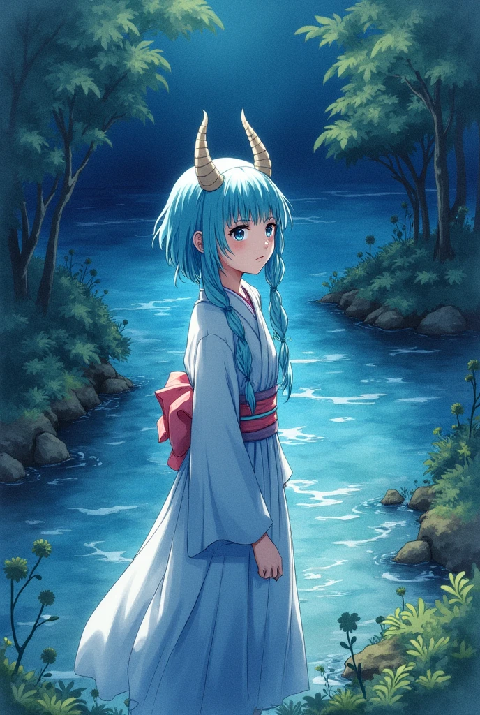 software, Watercolor illustration, Perfect Anatomy, masterpiece, Highest quality, One girl, , , alone, (White shorthair:1.2),Blue Hair, View your viewers, (They are:1.1), (horn:0.8), kimono, nature, at night, From above, Standing by the river, landscape