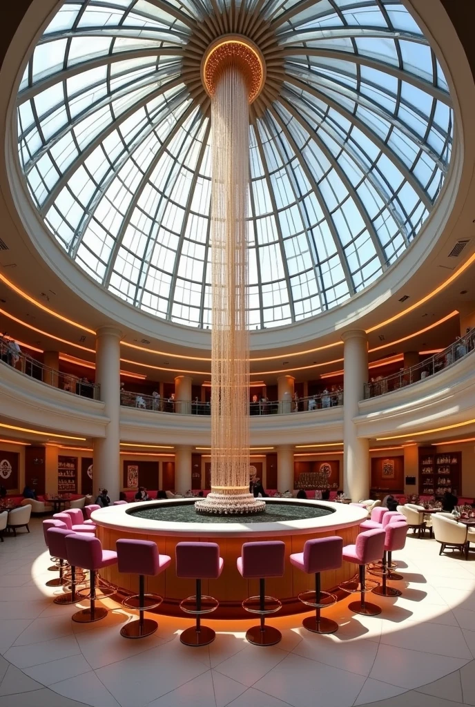 a large cozy bar with a distinctive glass domed ceiling and a circular counter with bar chairs in pink color, and on the side a set of sofa of white color with tables are located and a long big chandelier