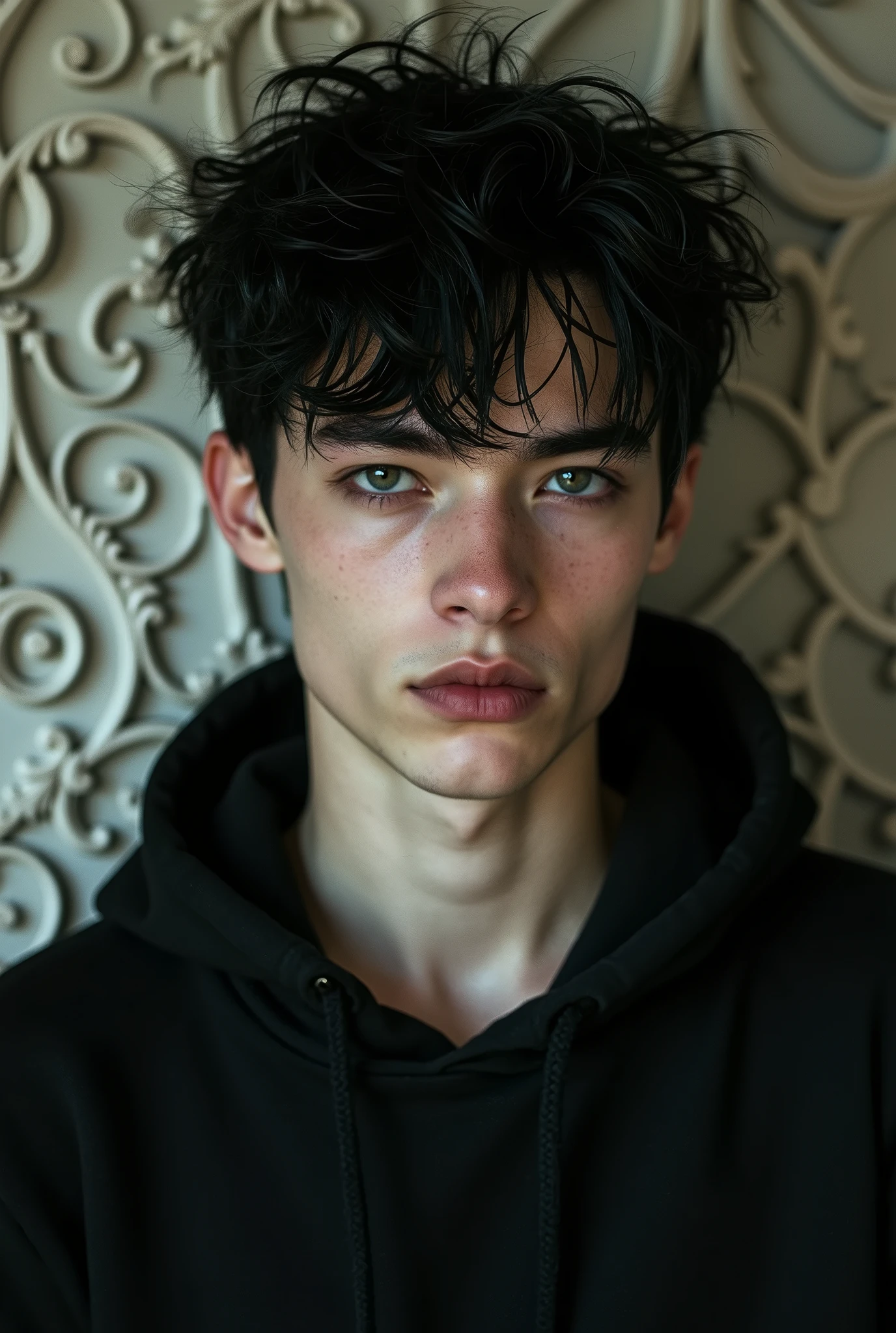 A close up of a tall young attractive man, short wavy yet spiky messy hair, hair color black dyed messily with white, with toned skin, wearing a hoodie, (gothic style:1.2) . mysterious, haunting, dramatic, (minimal, ornate), aesthetic, eerily beautiful, dark surrealism, best quality
