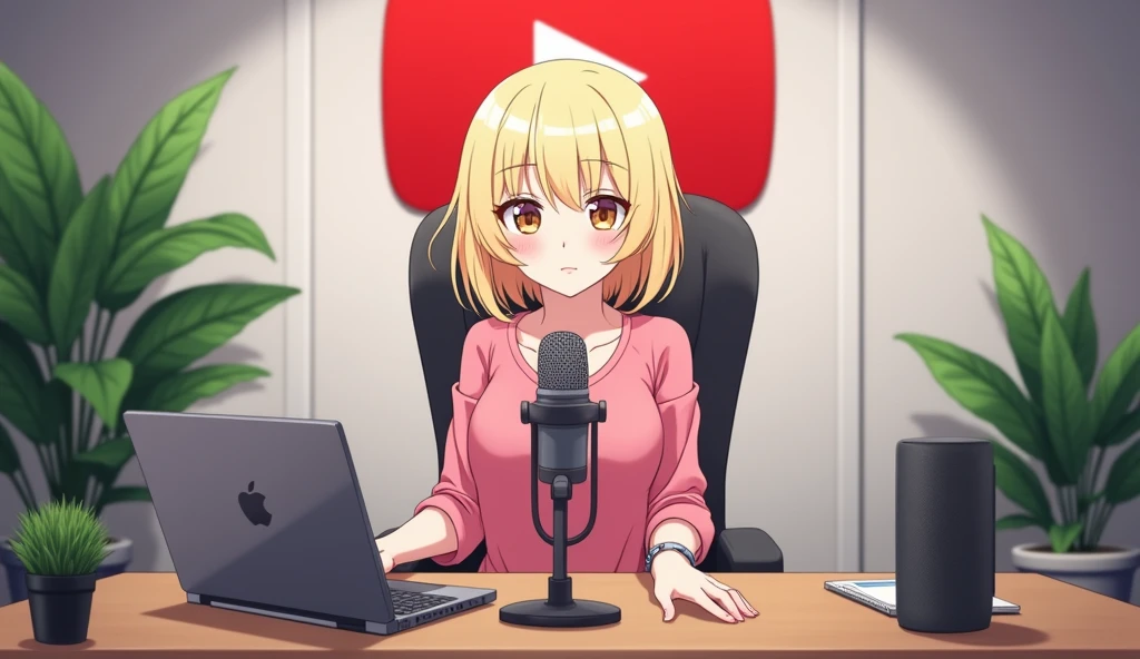 A 1 mature anime character girl, having blonde hairs, and pale skin, face infront of camera sitting in front of a computer desk with a microphone and laptop wearing pink dress and the background includes a large youtube logo on the wall, potted plants on either side and various recording equipments 