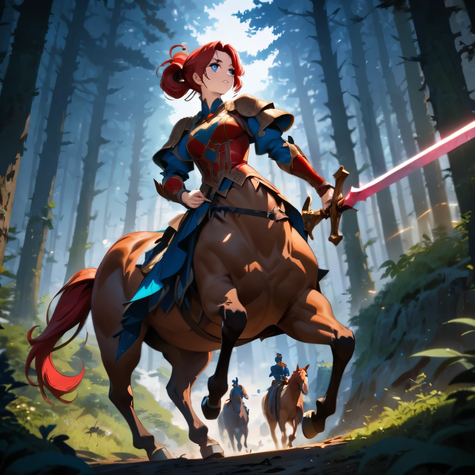 a centaur in a forest, looking into the distance, wary of the surroundings, dignified face, strong gaze, beautiful detailed eyes, beautiful detailed lips, extremely detailed face, horse, 1 centaur, (best quality,4k,8k,highres,masterpiece:1.2),ultra-detailed,(anime style),concept art, fantasy, dynamic pose, dramatic lighting, vivid colors, cinematic atmosphere,(have a long sword),red ponytail hairstyle,