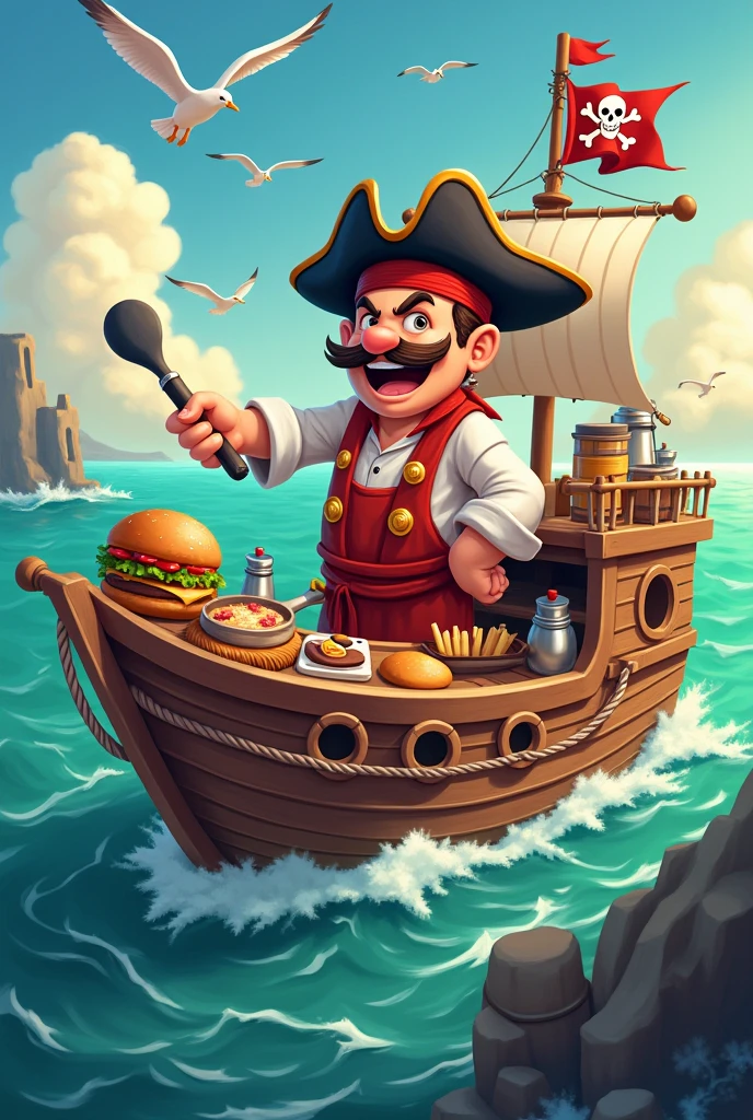 Generate an image of a burger ship manned by a comical pirate who is also a chef