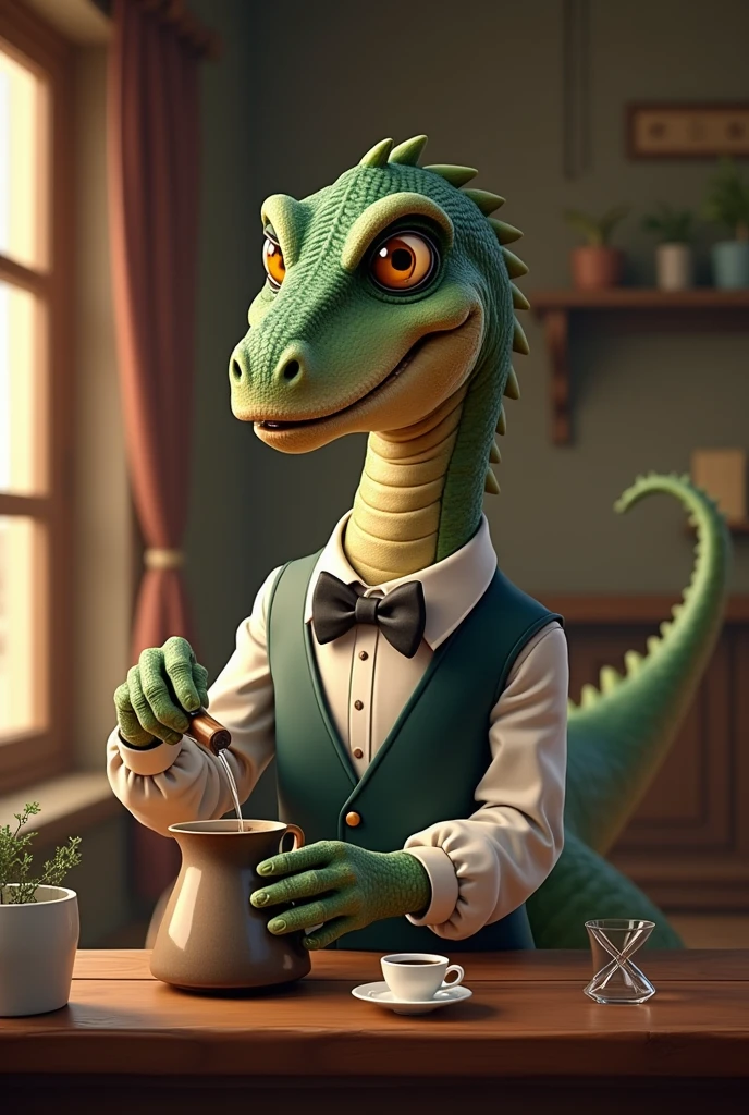 A smiling elderly dinosaur wearing a bow tie and long sleeves、A dinosaur elegantly brewing coffee in a classical cafe、By drip、Calm
、Over the counter