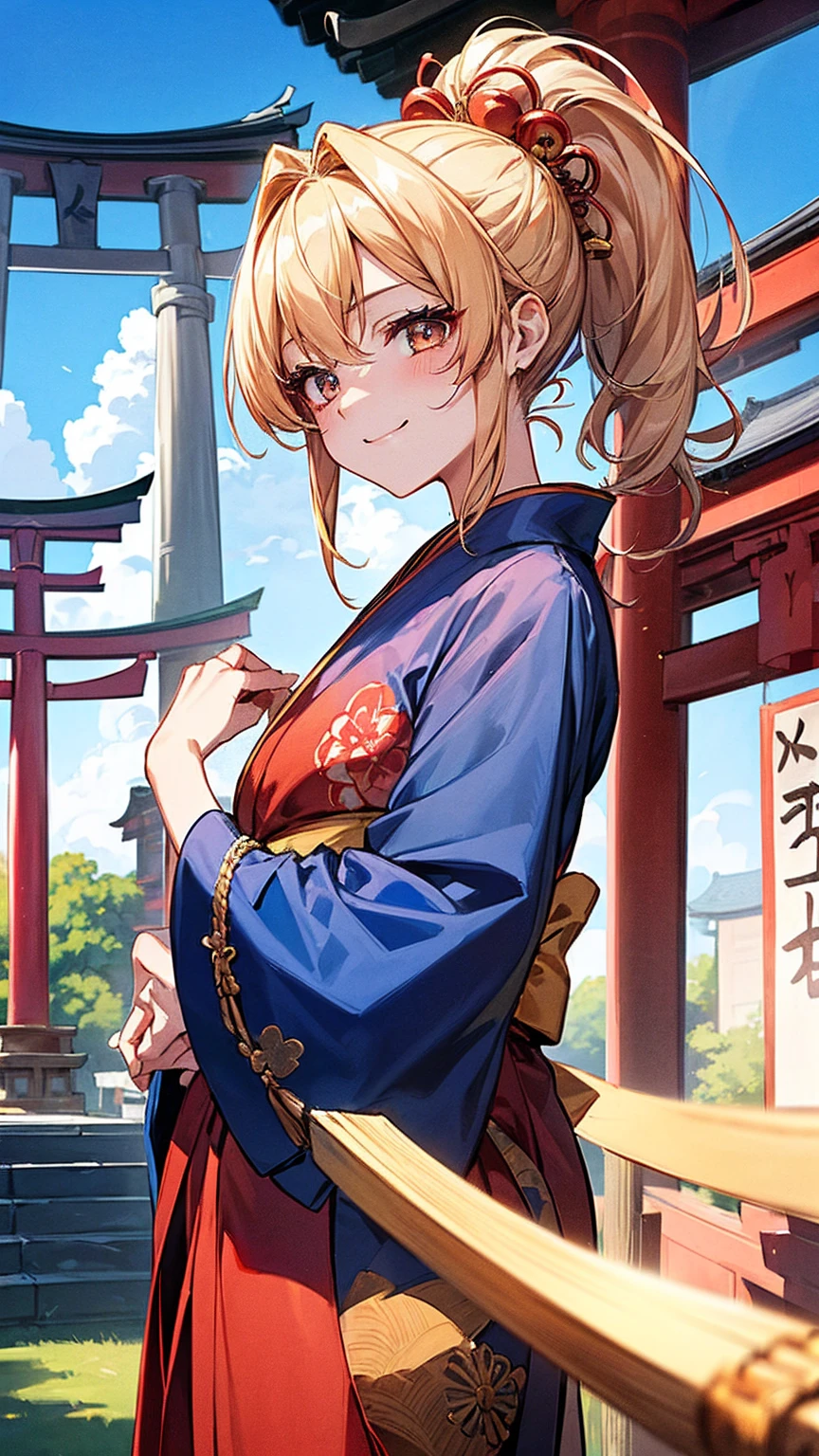 最high quality、Best image quality、masterpiece、 Girls((r、Best Bust、Medium Bust,Tea that opened my chest wide、Golden Eyes, Blonde、ponytail、Oiran、Prostitute、Slender,Highest valley、Red kimono、Cute hair accessories、The best smile、Cool pose)),high quality、Beautiful art、background((Japanese、blue sky、shrine、torii、Bright Sun、A large number of people)),Tabletop、Depth of written boundary、movie、Visual Arts、Perfect art、POV POV Point of view