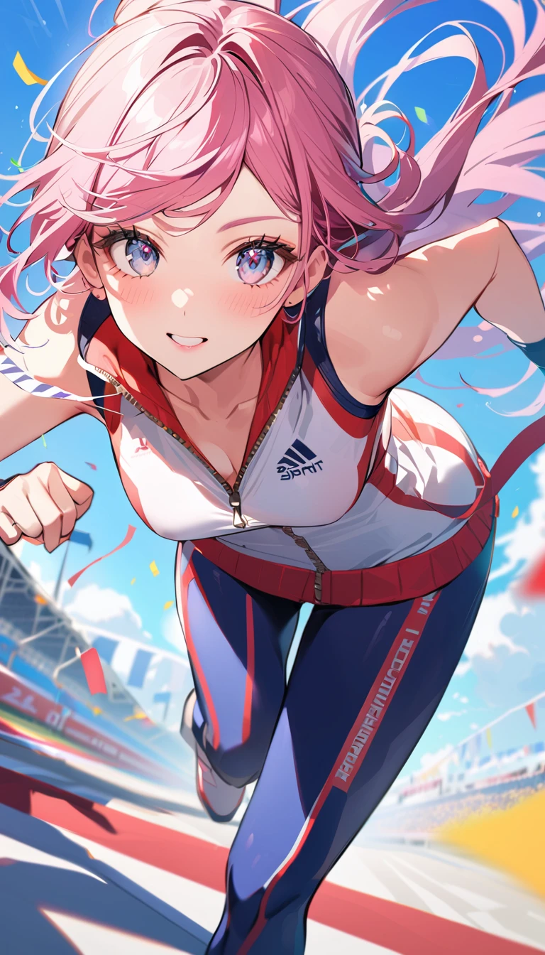 1woman, solo, pink hair, gray eyes, detailed eyes, eyelashes, light lips, 25years old, Wonderful moments, Sports suit, Marathon sprint, victory, First Place, Sprint finish line tape, Colorful confetti in the air