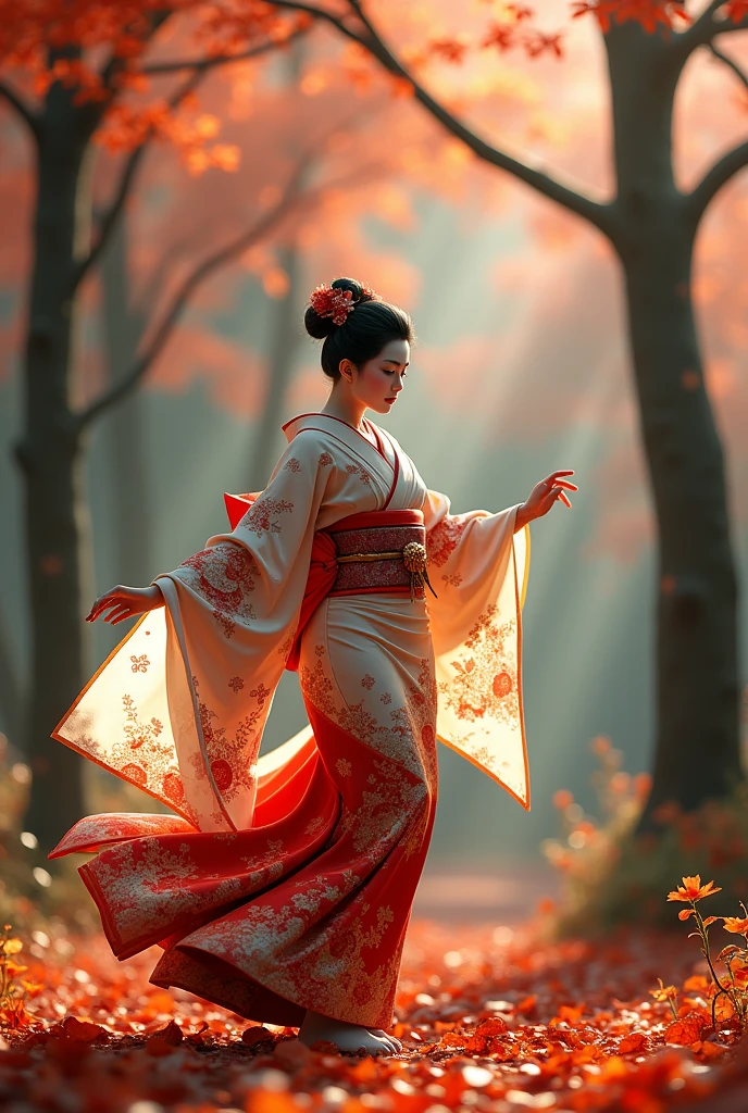 (Super elaborate CG Unity 8K wallpapers), (masterpiece), (Highest quality), (Realistic), geisha, kimono, dance, Fairy, Pointy Ears, ((Highest quality)), (Very detailed)), (((photograph)), Autumn Japan Forest
