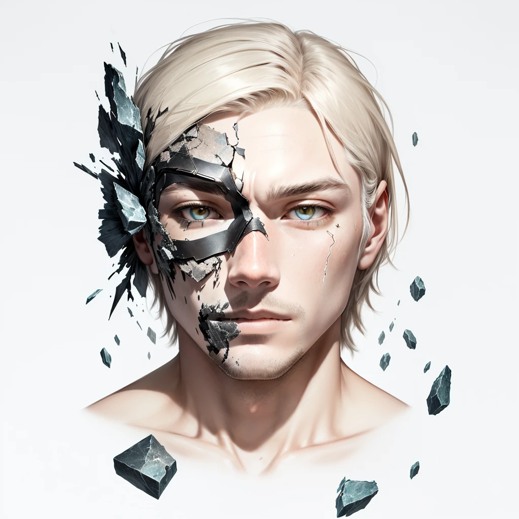 a drawing of a man's face with broken glass on it, stone face, face melting into the universe, sunken face, finely illustrated face, broken mask, decaying face, stylized face, cracked porcelain face, face melting, solemn face, deformed face, a face, detailed face with mask, shattering, crystal face, weathered face, A face with a mask breaking into pieces, revealing hidden emotions beneath the surface.