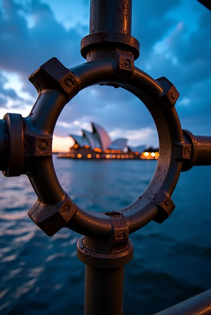 Create a photograph capturing a famous architectural landmark, such as the Sydney Opera House, through the circular metal frame of a waterfront railing. The shot should be taken at twilight, with the sky displaying shades of blue and orange as the sun sets. The metal frame should be in the foreground, slightly rusted, with bolts and bars radiating from its edges, creating a dynamic frame for the landmark in the background. The water should reflect the soft evening lights, adding a sense of calm and depth to the scene, while the landmark stands illuminated against the colorful sky."