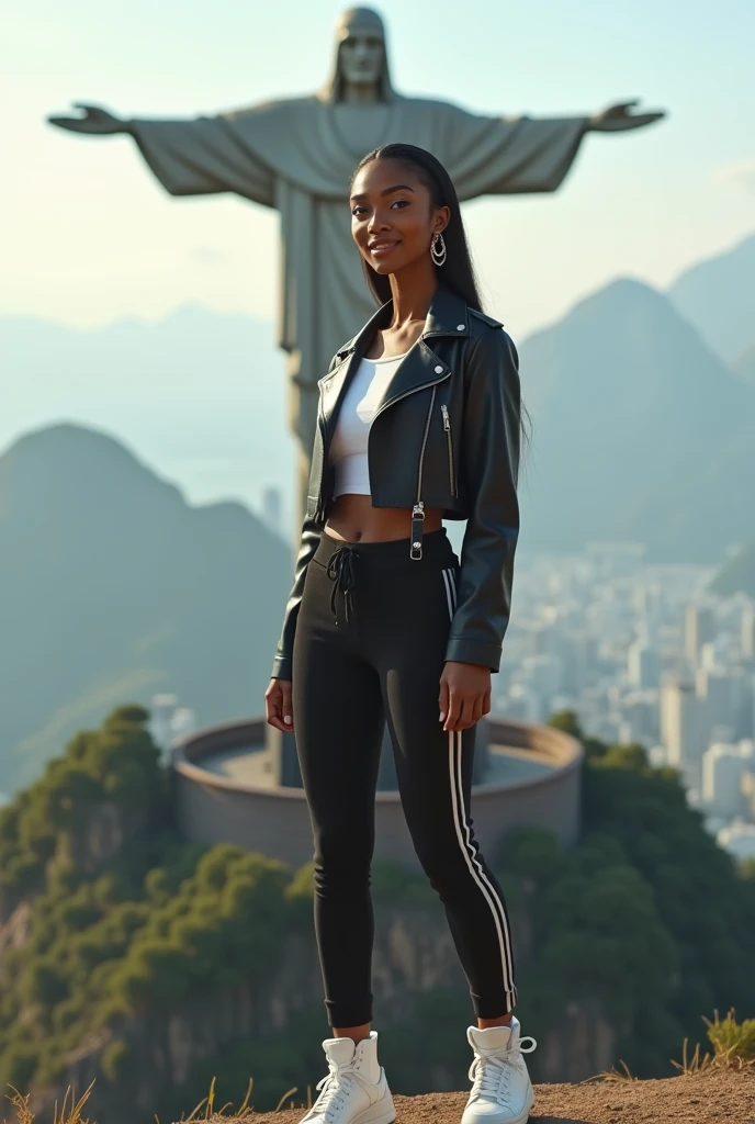 A dark-skinned Indian woman, Very slender waist, piercing no umbigo ,straight hair tied, with perfect skin, beautiful smile , Hoop earring, high white tennis , cropped de couro,gym pants, in front of Christ the Redeemer