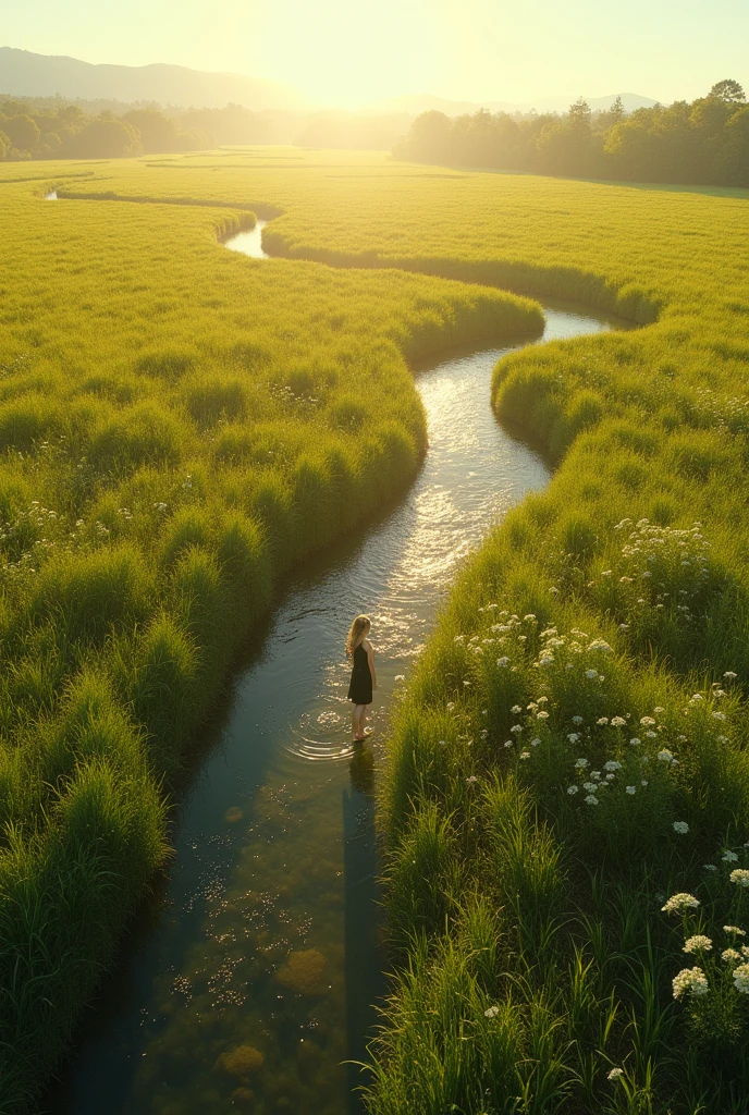 Aerial Photography，Big scene，Full length portrait of a lovely woman in a bright windy field,She stands far away， river, (Backlight), Practical, masterpiece, best quality, lens flare, In the shade, bloom, [[Chromatic Aberration]], author：Jeremy Lipking, author Antonio J. Manzanedo, number, Style-GlassFinal, Natural skin texture