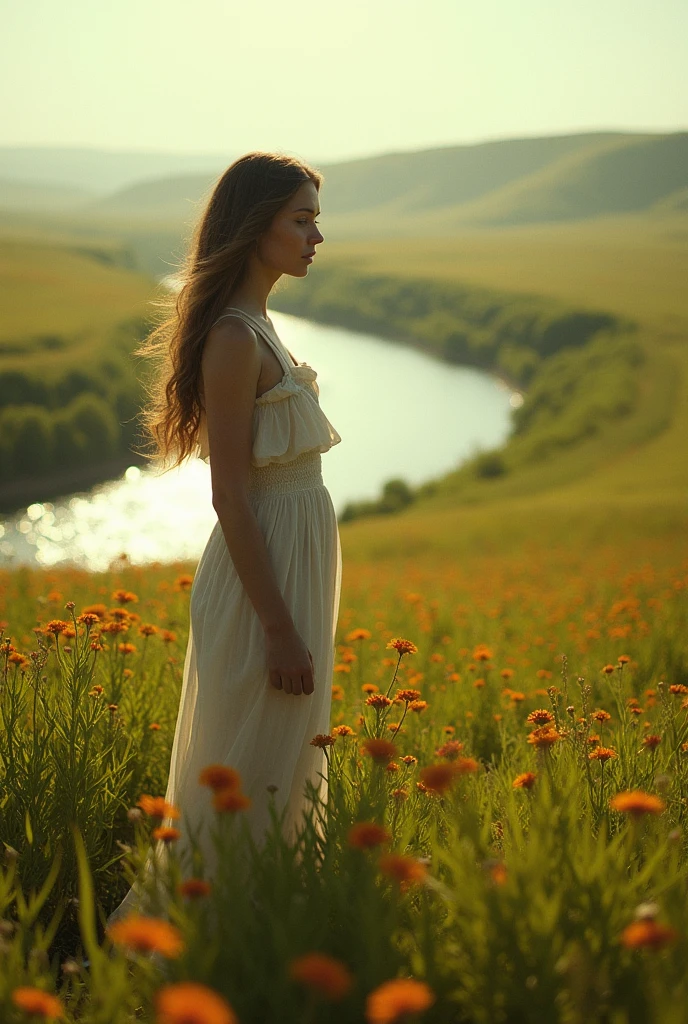 Aerial Photography，Big scene，Full length portrait of a lovely woman in a bright windy field,She stands far away， river, (Backlight), Practical, masterpiece, best quality, lens flare, In the shade, bloom, [[Chromatic Aberration]], author：Jeremy Lipking, author Antonio J. Manzanedo, number, Style-GlassFinal, Natural skin texture