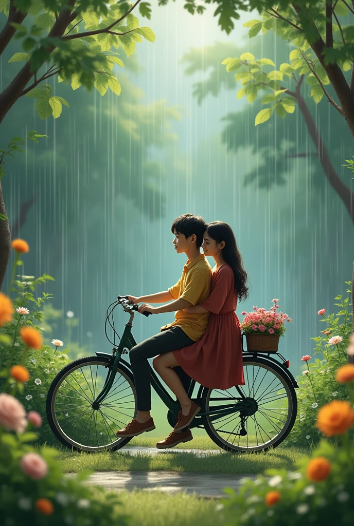 Slowly slowly rain with Ali and waniya couple with garden with cycle with couple sitdown in a cycle in prompts