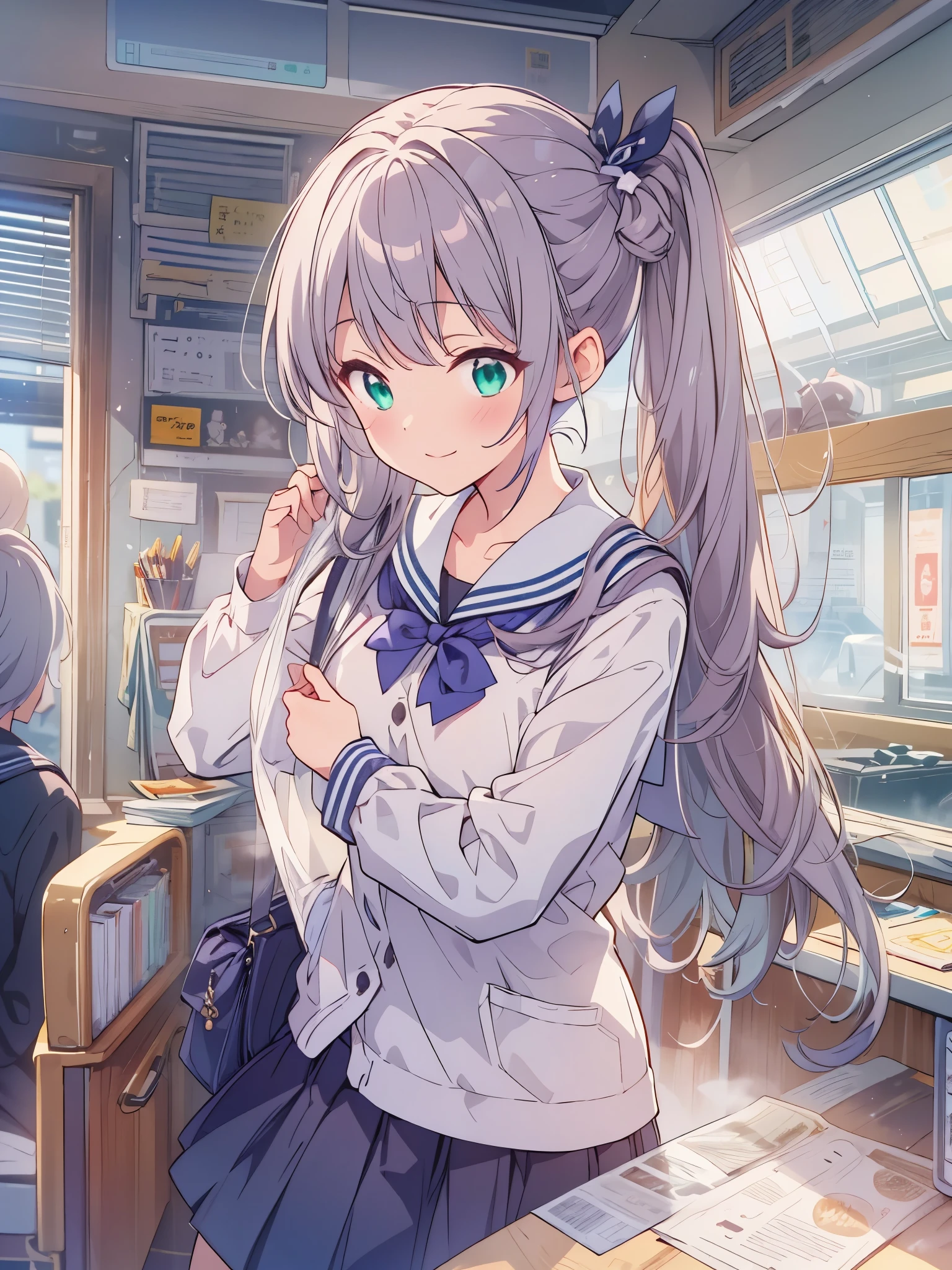 アニメ,Highest quality、Highest quality、Ultra-detailed、(masterpiece:1.2),Very absurd、4K,8k,sailor suit、green hear、white dove、On the way to school、View this Schoolgirl、Sailor suit、school uniform、arm behind back、naughty smile