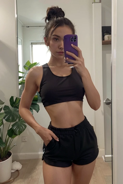 phone, solo, holding_phone, cellphone, holding, hair_bun, flower, shorts, smartphone, selfie, purple_flower, mirror, mole, single_hair_bun, plant, standing, black_shorts, crop_top, midriff, indoors