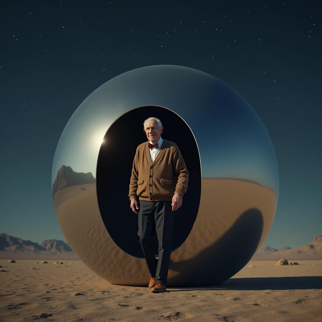 a kindly looking old man, cardigan sweater, bow tie, dark pants, brown shoes, stepping out of a mirrored sphere of massive size resting on the desert floor at night, photo realistic