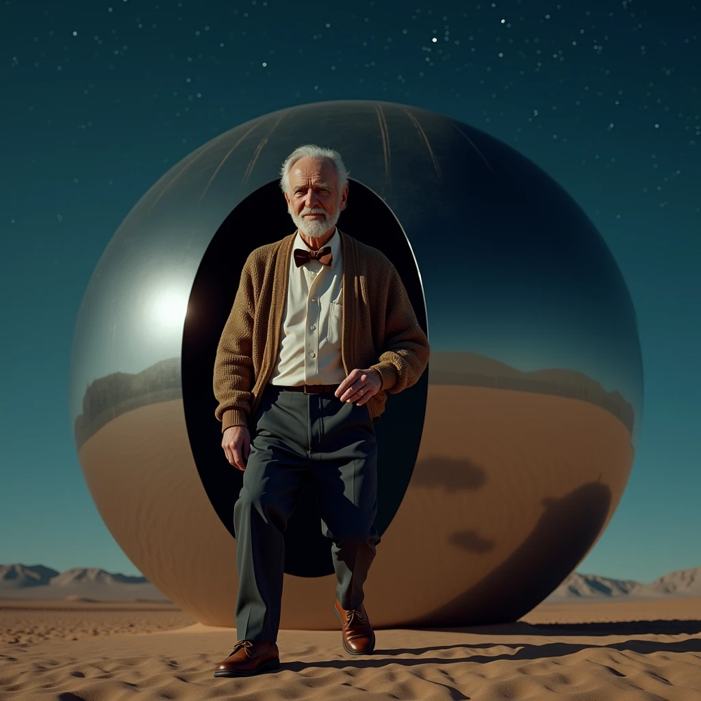a kindly looking old man, cardigan sweater, bow tie, dark pants, brown shoes, stepping out of a mirrored sphere of massive size resting on the desert floor at night, photo realistic