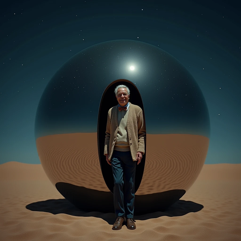 a kindly looking old man, cardigan sweater, bow tie, dark pants, brown shoes, stepping out of a mirrored sphere of massive size resting on the desert floor at night, photo realistic