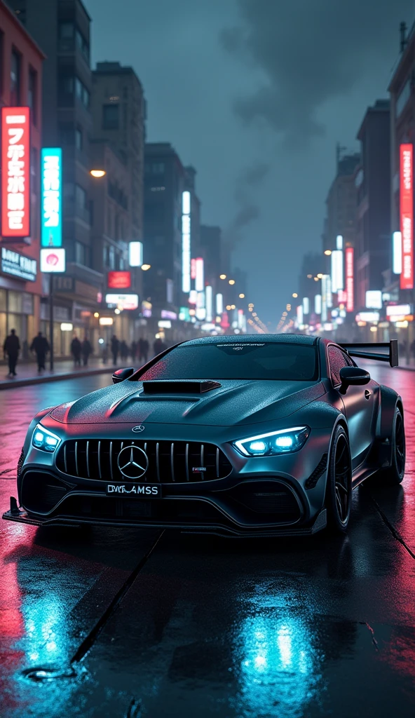 (photorealism:1.2), "Design an image of a Mercedes C63s extensively modified into a high-tech combat vehicle. The car should retain its iconic sleek and aggressive look but be outfitted with cutting-edge military enhancements. The exterior should feature heavy-duty armor with a matte gunmetal finish, seamlessly integrated with tactical LED lights. Mount dual heavy-caliber machine guns on the hood and side panels, with laser-guided targeting systems. The windows should be bulletproof with an advanced digital display interface visible from the outside, showcasing real-time threat assessments. The rear of the car should have a deployable mini-drone launcher, and the exhaust should emit a fiery blue glow, indicating its high-performance engine. Set the car against a dark, futuristic cityscape at night, where neon lights reflect off its polished surface, and a storm brews in the sky, adding to the intense atmosphere." 