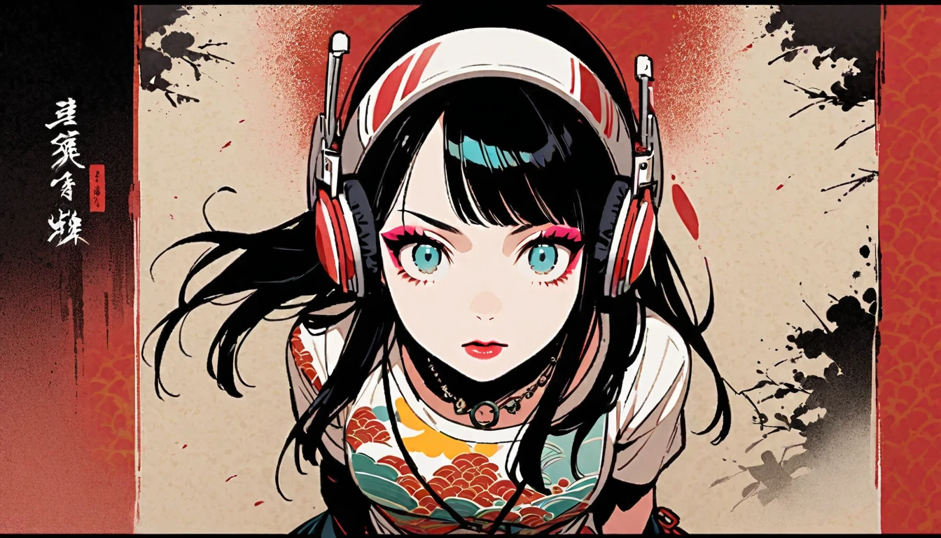 (((Ink Painting))), (((from above))), (((1 female))), (((Japanese pattern T-shirt))), (((punk))), (((Very flashy makeup))), Necklace with studs, Japanese style headphones, face close-up, front view, Japan人の美少女, Black Hair, Delicate and precise, Modern ukiyo-e style,Japan, Droopy eyes, round face, provoke, vivid color