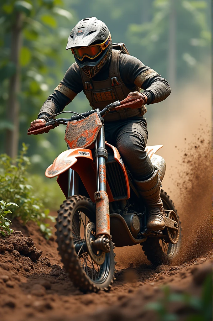  The image shows a motocross racer in action, wearing a helmet and a protective suit, riding a dirt bike on a muddy track.