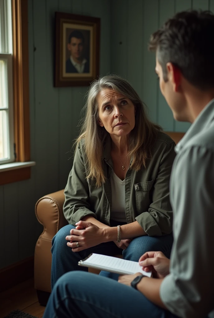 A housewife is being interviewed in rural America. The housewife has a troubled look on her face Image of a reporter and a housewife