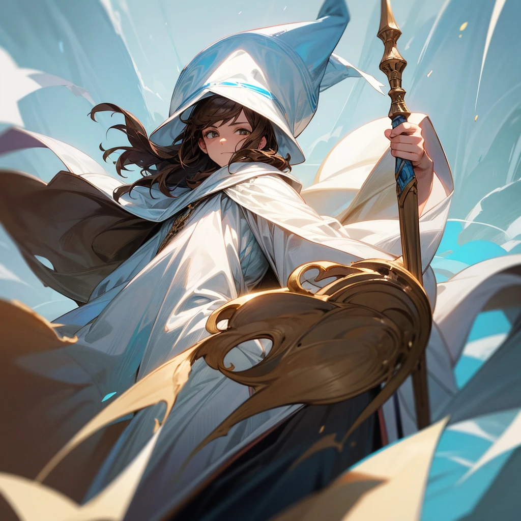 Create one that is  and is very short and has brown hair, a white wizard hat, a white cloak and a staff with the power of air, he has a somewhat charismatic and very handsome face.