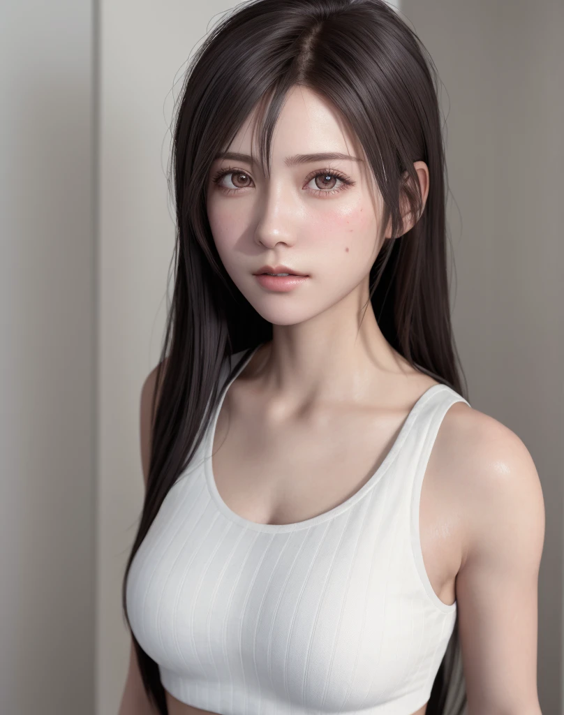 (hyperrealistic) , (illustration), (increase resolution), (8K), (extremely detailed), (best illustration), (beautiful detailed eyes), (best quality), (ultra-detailed), (masterpiece), (wallpaper), (detailed face), solo, 1 girl, looking at the audience, exquisite detail, detailed face, in the dark, deep shadow, understated, pureerosfaceace_v1, smile, long hair, black shawl straight hair, 46 points diagonal bangs, low-cut white vest , white panties, open waist, open umbilicus, few abs, F cups