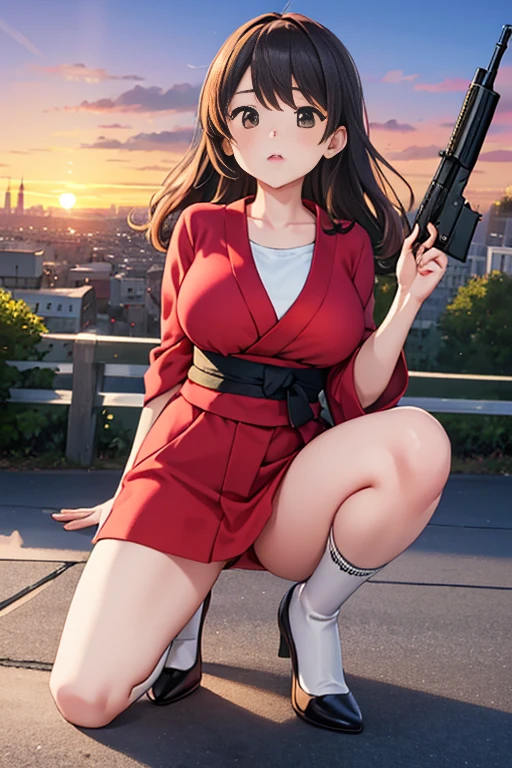 Highest quality、Ultra HD、One Woman、(Brown Long Hair 1.3)、(Red One Piece 1.3)、(White Heels 1.1)、(Black Knee High Socks 1.2)、((Shoot a gun 1.2))、(Red Ribbon 1.2)、(Beautiful face like a Japanese actress 1.2)、Adult women、Slender body、((Large Breasts))、(Sunset city background 1.2)、((Clear and beautiful touch))