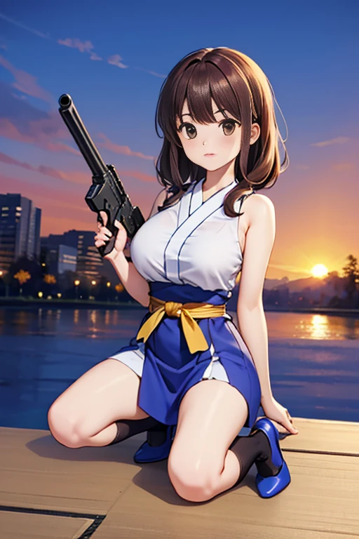 Highest quality、Ultra HD、One Woman、(Brown Long Hair 1.3)、(Red One Piece 1.3)、(White Heels 1.1)、(Black Knee High Socks 1.2)、((Shoot a gun 1.2))、(Red Ribbon 1.2)、(Beautiful face like a Japanese actress 1.2)、Adult women、Slender body、((Large Breasts))、(Sunset city background 1.2)、((Clear and beautiful touch))