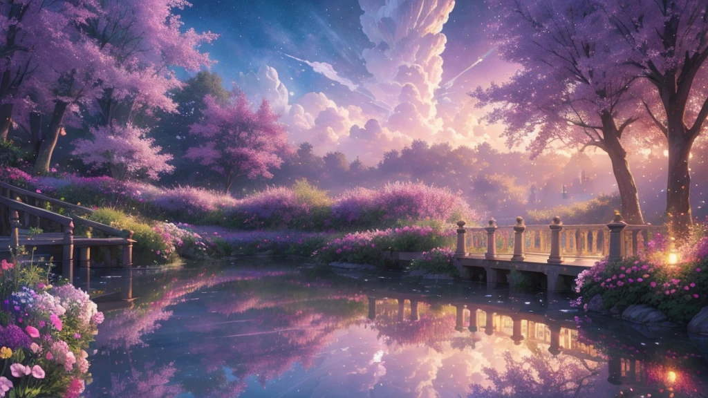 (masterpiece)),((Highest quality)),((High Detail)),nobody,background, fantasy, Overlooking, Crystal Bridge, Floating light, World of pastel colors, Colorful flowers, Delicate decorative carvings, Light purple sky