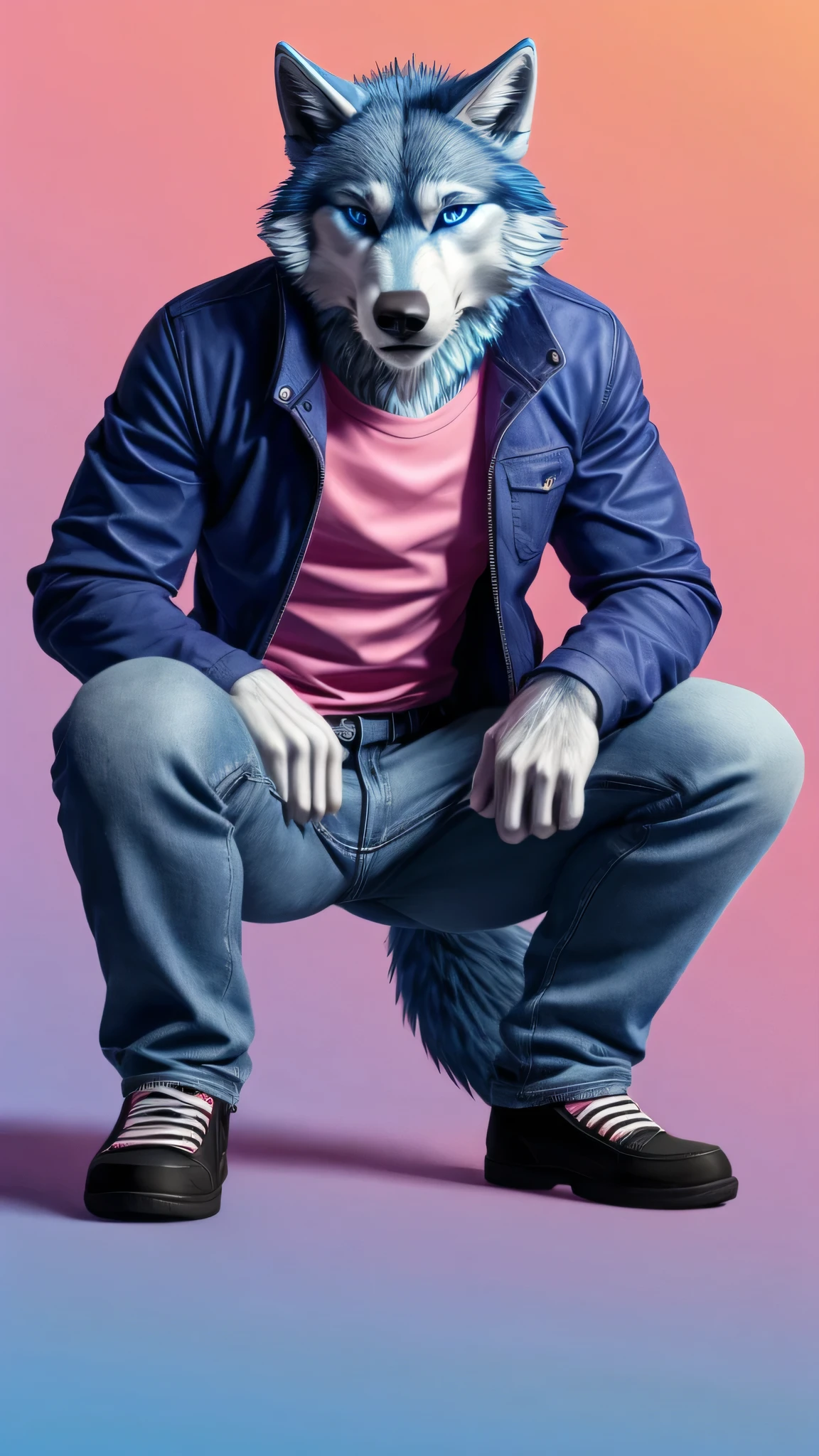 Furry male blue wolf crouching with legs spread, blue jeans and pink shirts, black jacket, pink blue gradient background, blue eyes