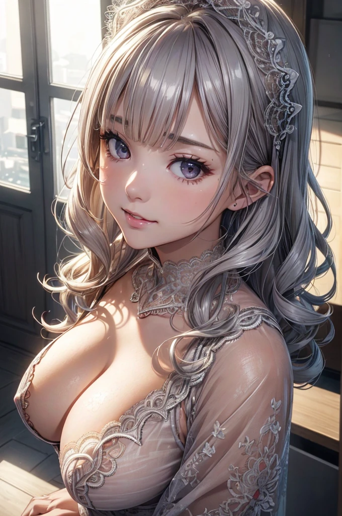 Absurd, Super detailedな,(In 8K:1.3),Masseter muscle area,(masterpiece:1.2)、(Highest quality)、4K、Super detailed、(Movement Structure:1.4)、(Shining Lights、Atmosphere lighting), High resolution, Best Quality、(One person:1.4),Super detailedな,Bright colors、Treebreak Production Art、(Warm color light source:1.2),High-level image quality、Fine image quality、Intricate details,Volumetric Lighting,Realism BREAK、Profile、 Very beautiful face and eyes, Beautiful images、 Idol face、、(Baby Face:1.4)、natural make up、big eyes、(Big Tits:1.4)、(cleavage :1.3)、(glossy skin :1.5)、 (Party Venue)、(light silver hair,short hair、blunt bangs,wavy hair、shiny hair :1.2)、(extremely detailed clothing、skin tightlace、lace trim:1.4)、(smirk:1.2), (petite:1.1)、(Beautiful nipples:1.2)、(overhead shot:1.4)